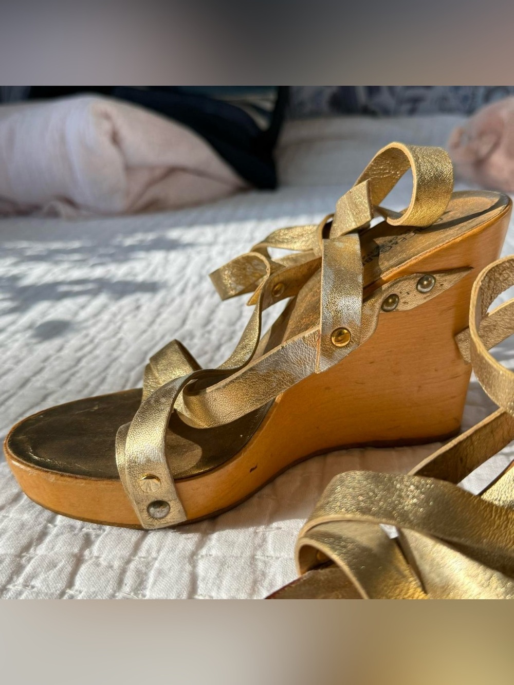 vintage Dolce & Gabbana Y2K wooden wedges Size EU 35 / US 5 metallic gold wrap - Picture 6 of 8